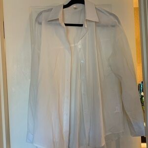 Cream, button-down collared shirt with French cuffs.